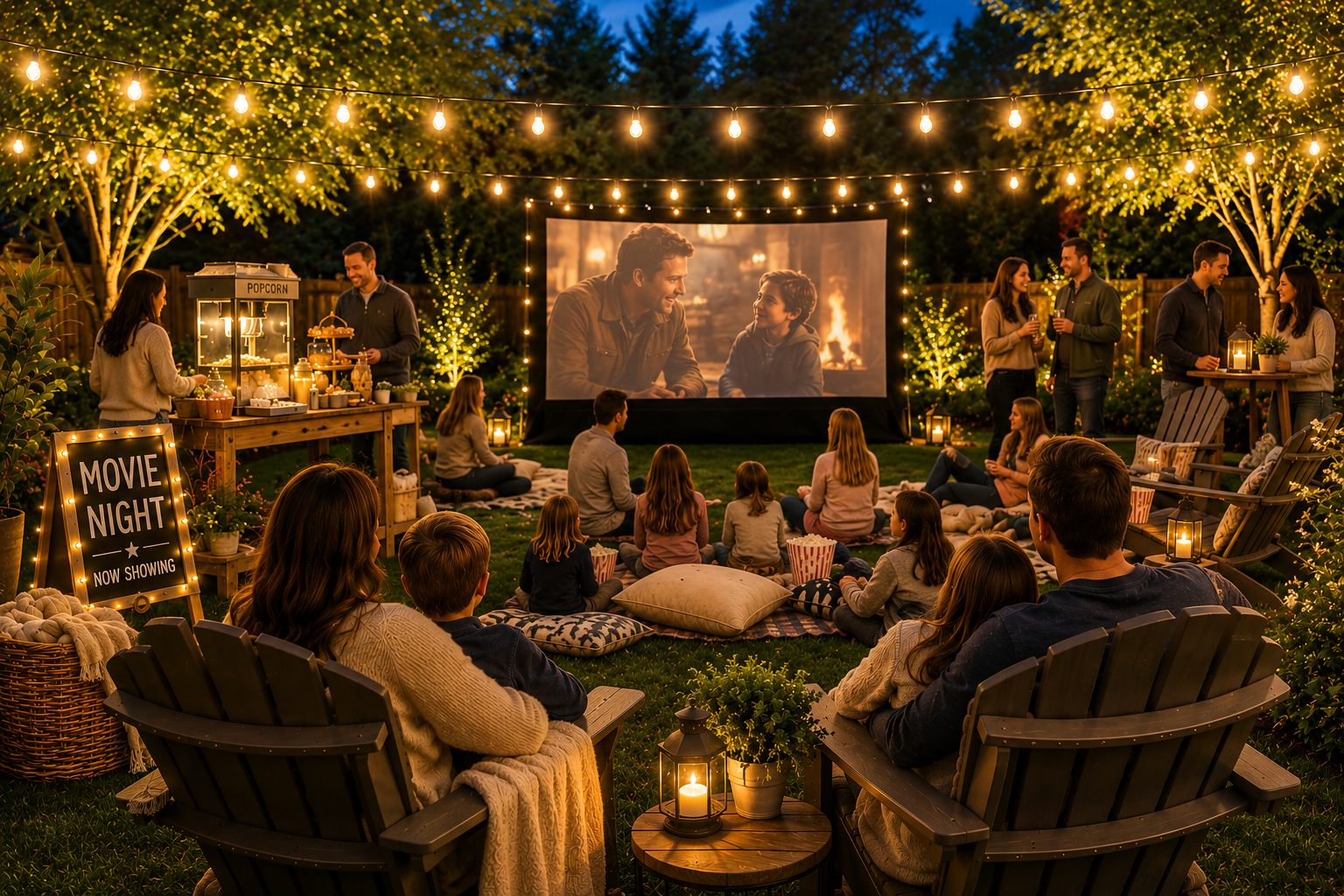 Family watching a movie on a large outdoor projection screen in a backyard at night