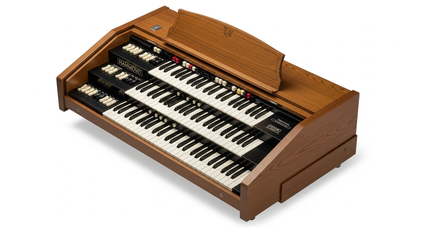 Internal components of a Hammond B3 organ including tonewheel generator and drawbars