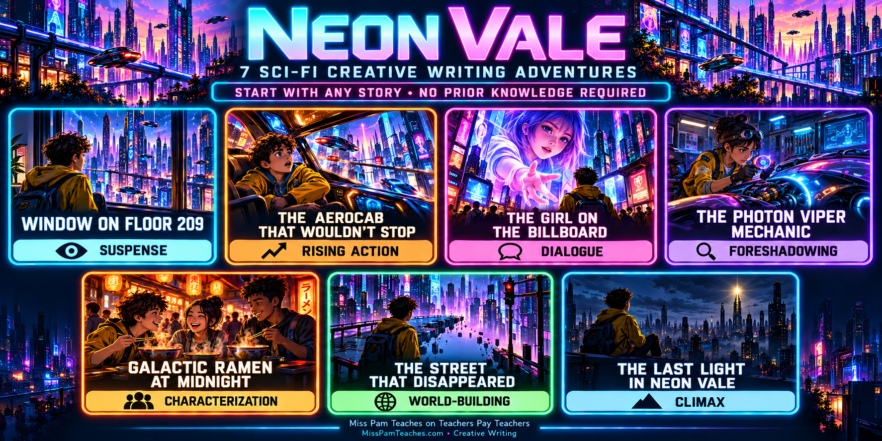 Neon Vale 7 Sci-Fi Creative Writing Adventures - Start with any story, no prior knowledge required