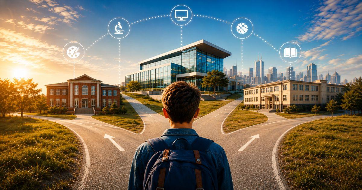 Three Roads to Academic Destinations — Student choosing pathways of creative expression, science/analytical understanding, and reasoned debate leading to collegiate excellence