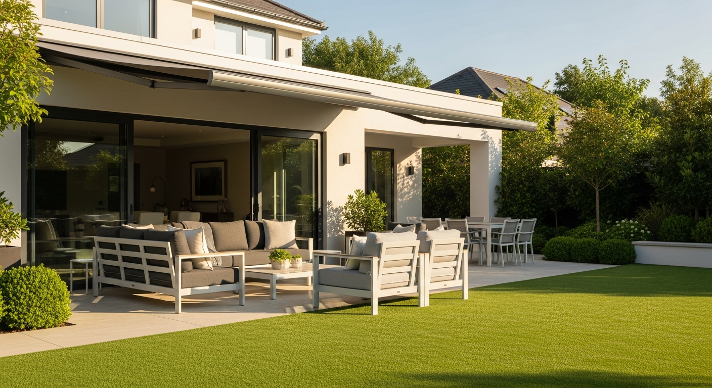 Aspirational residential outdoor living space with astroturf, awning and garden furniture