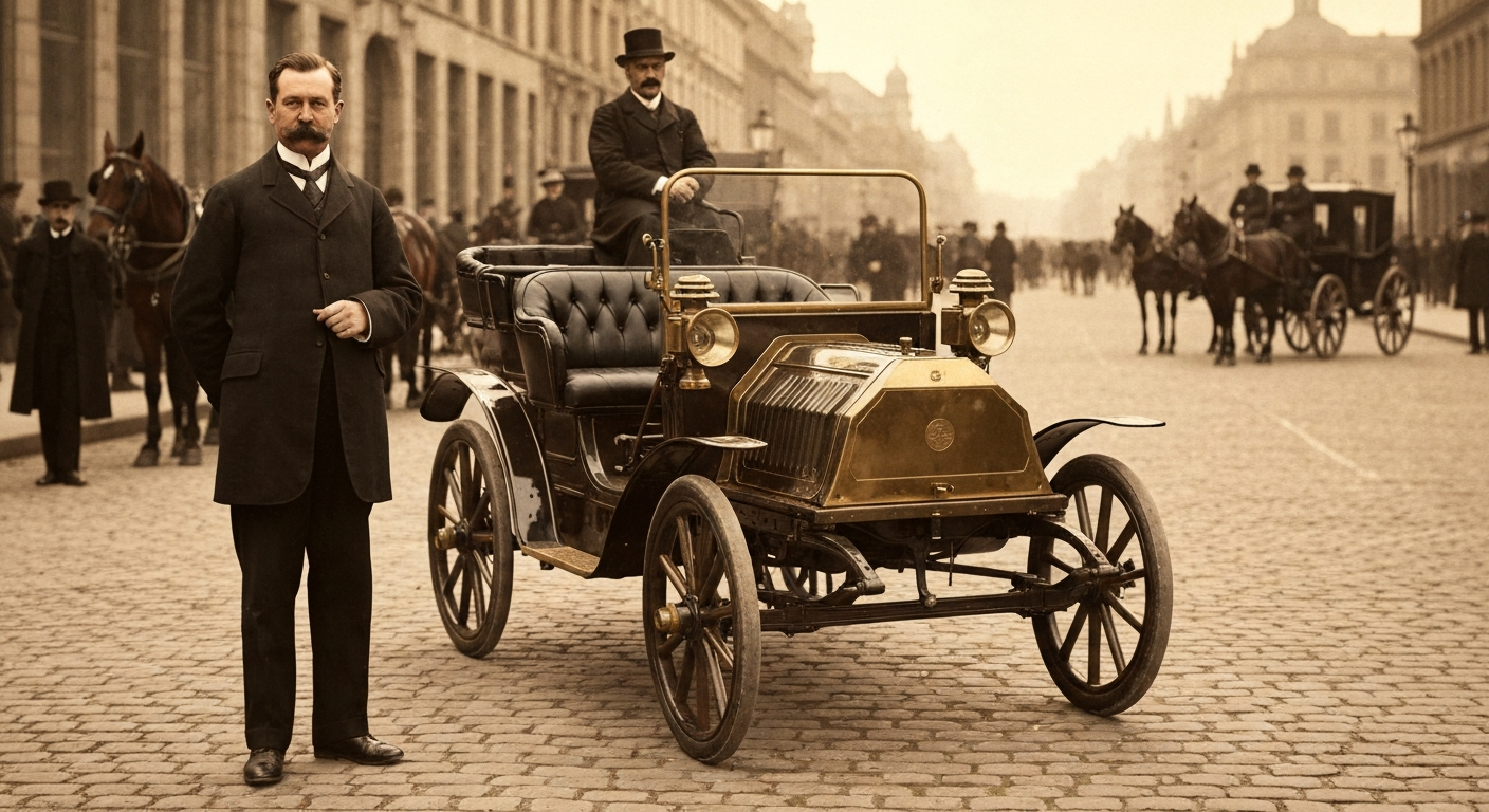 Karl Benz junto al primer automóvil de la historia