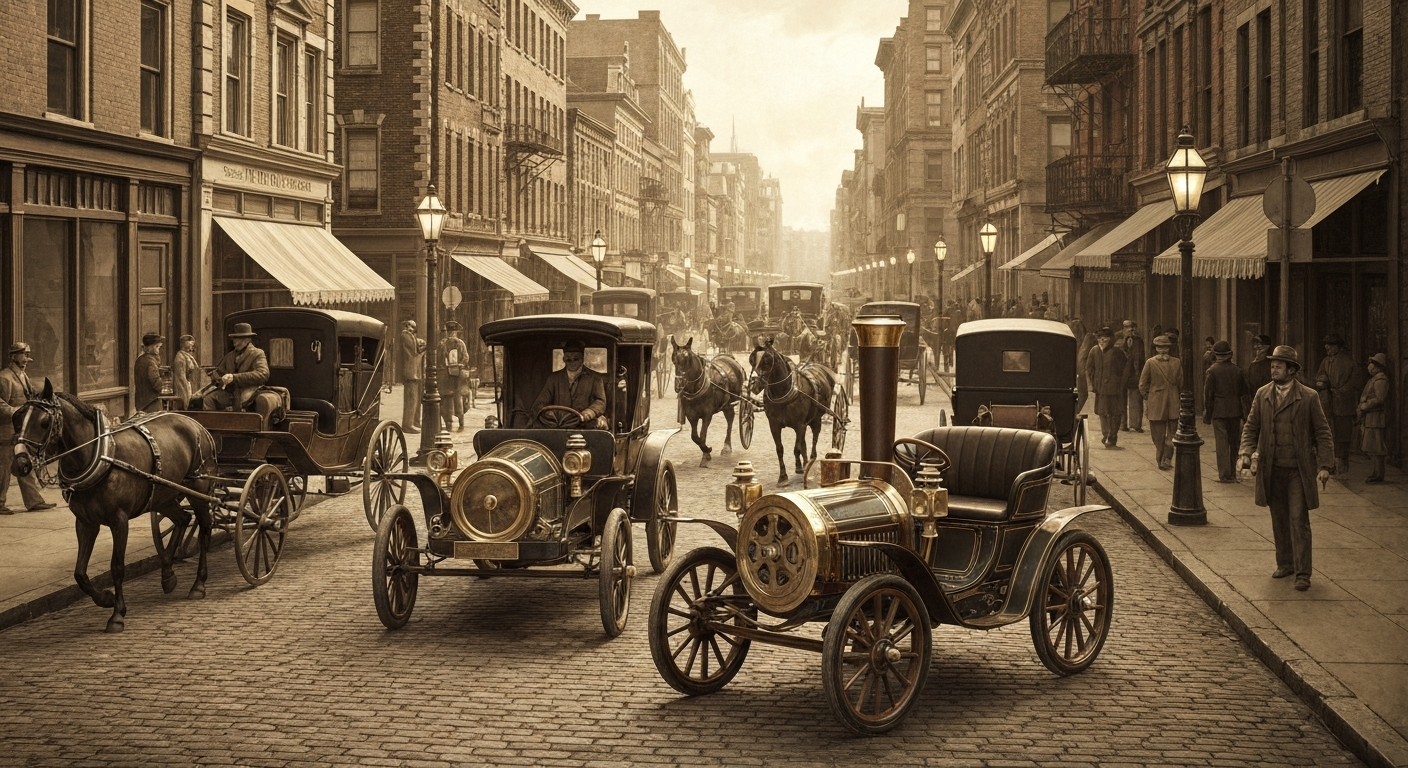 Primeros automóviles de la historia circulando por una ciudad