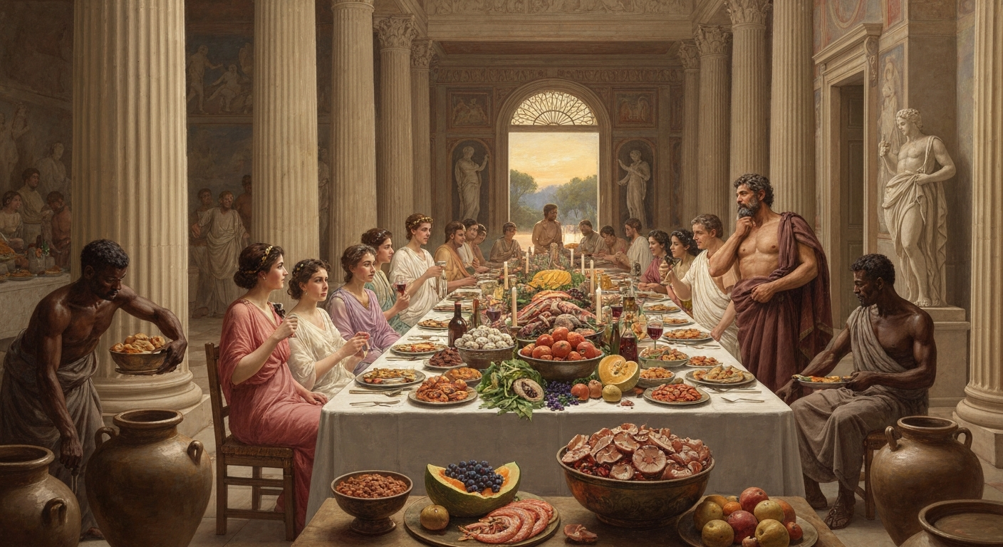 Banquete en una civilización antigua con alimentos elaborados