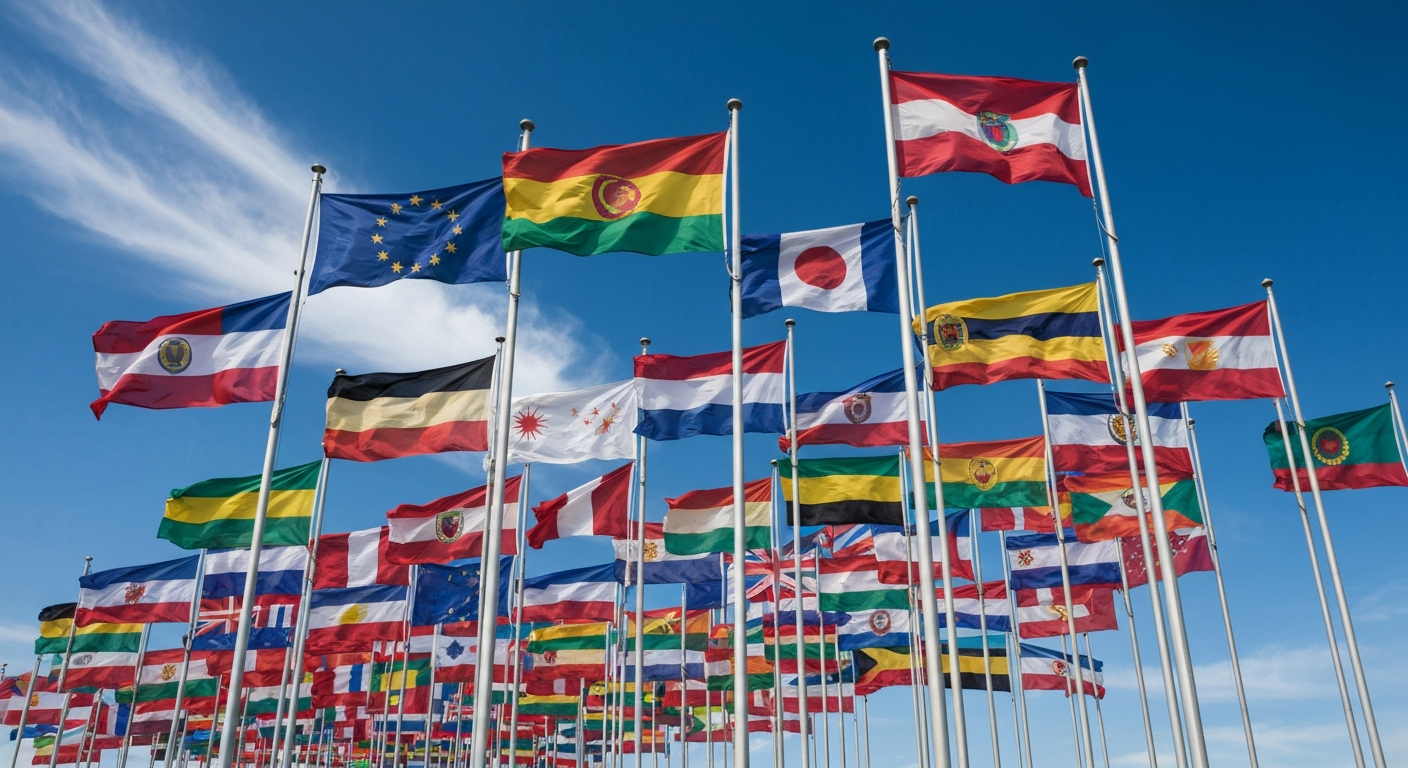Banderas nacionales ondeando representando diferentes países del mundo