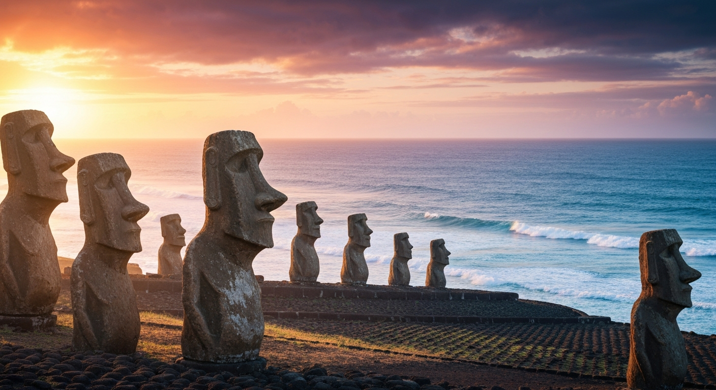 Moáis de la Isla de Pascua frente al océano Pacífico