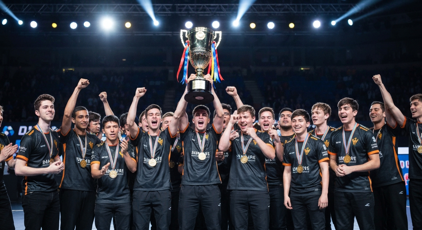 Equipo profesional de esports celebrando una victoria
