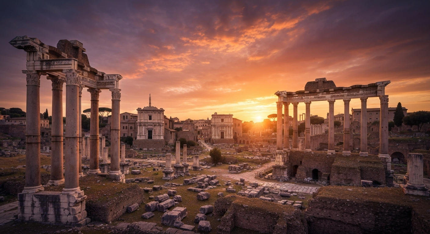 Ruinas romanas que simbolizan el colapso del Imperio Romano