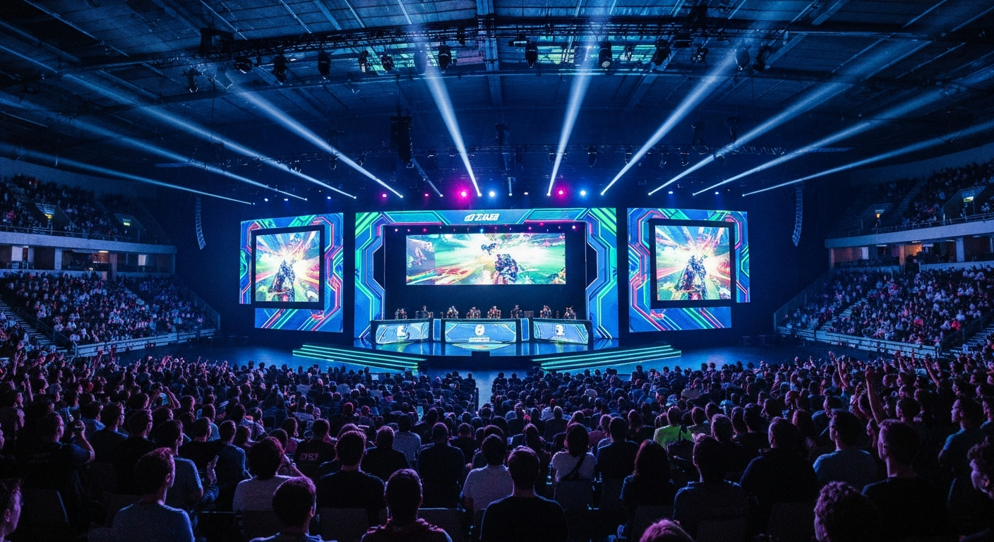 Competición profesional de esports en un estadio lleno de espectadores