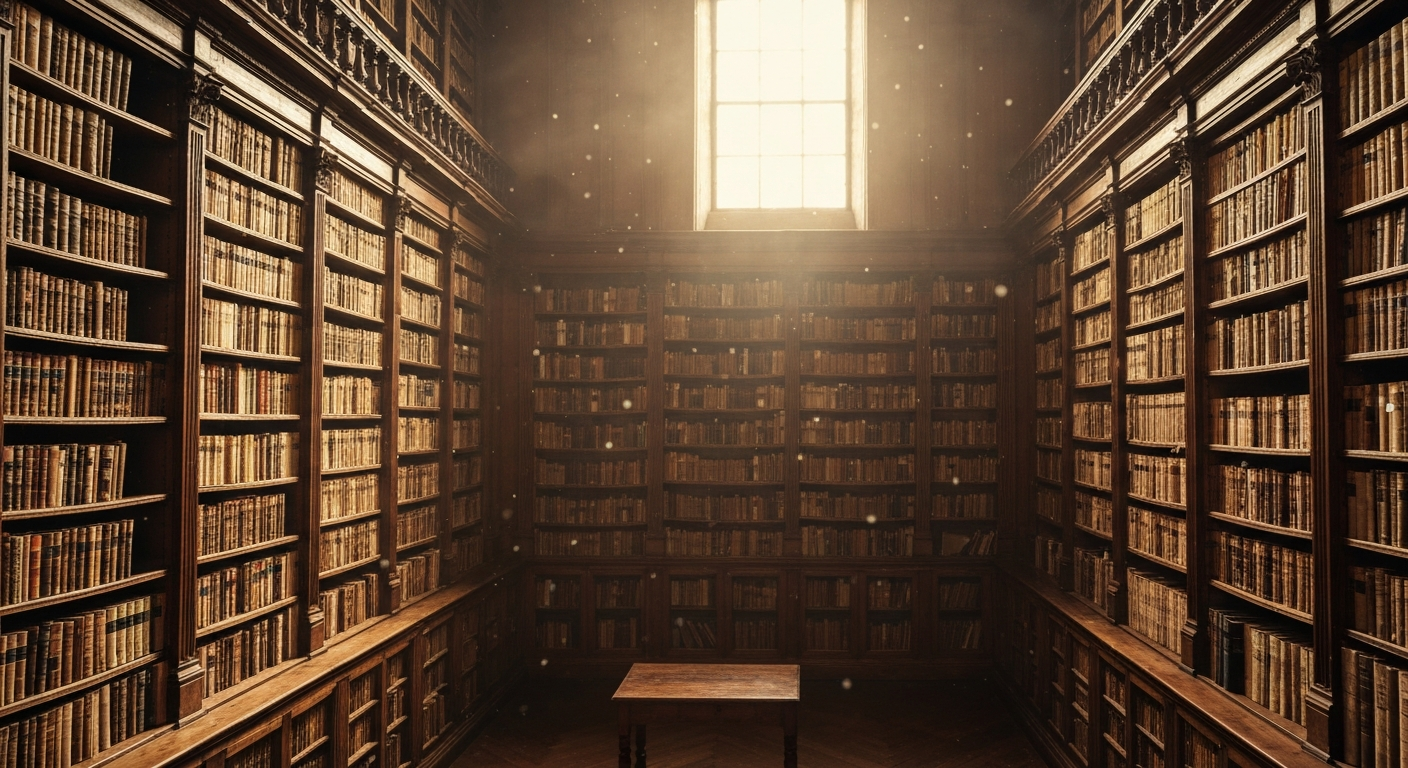 Biblioteca antigua con algunas de las obras literarias más importantes de la historia
