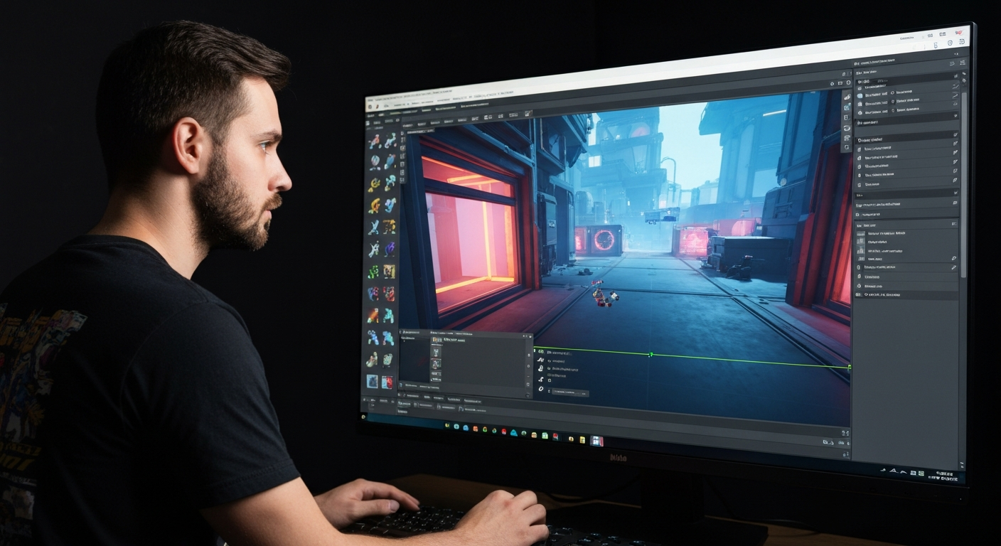 Diseñador creando un nivel de videojuego en un entorno digital