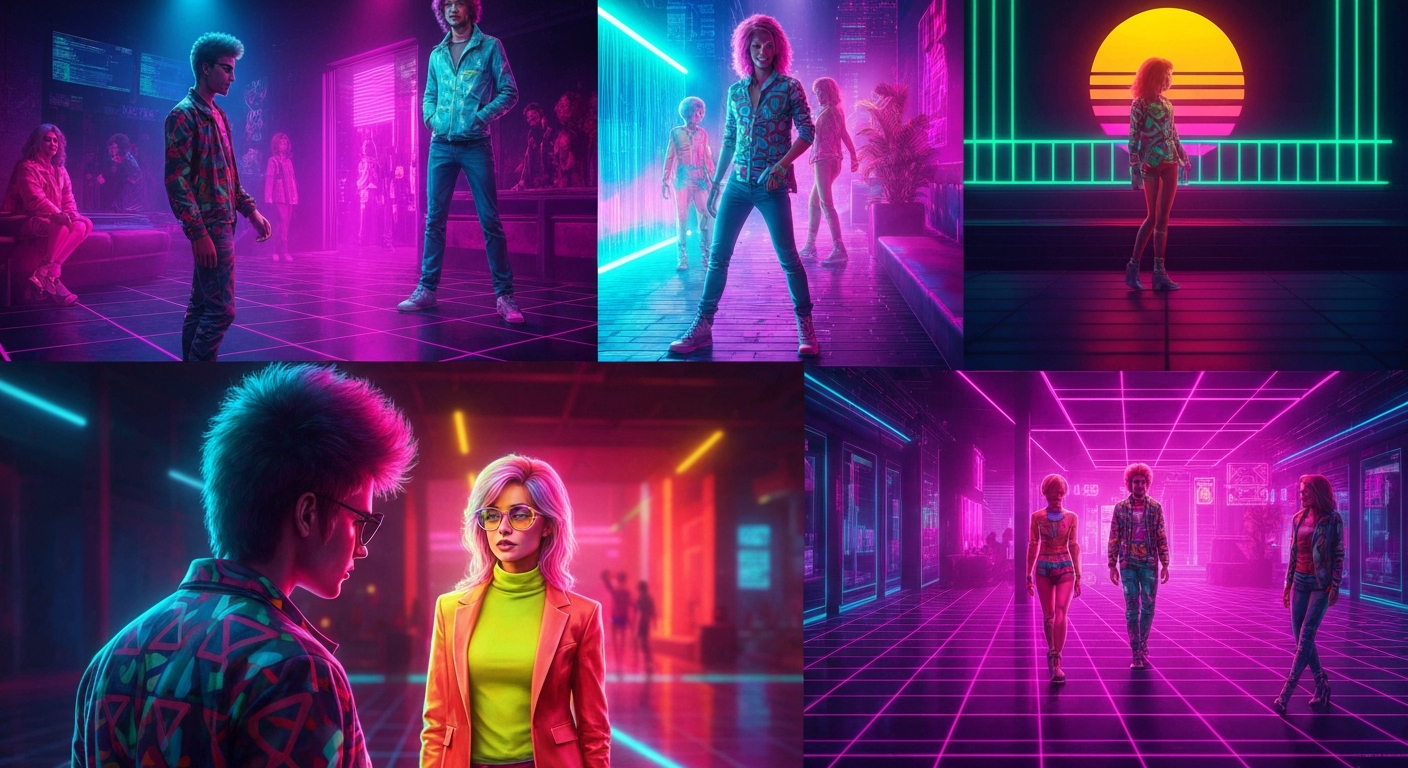 Escena inspirada en la cultura pop de los años 80