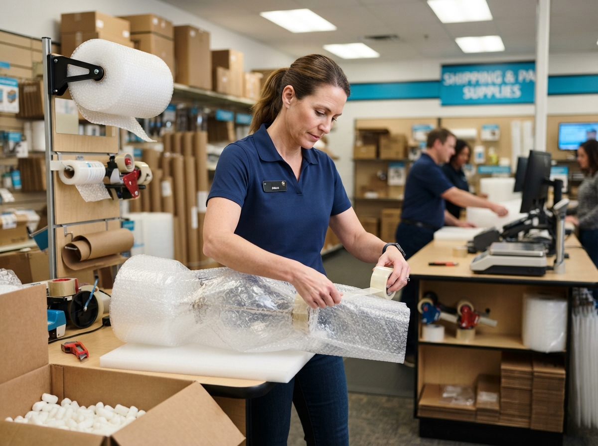 Professional packing specialist wrapping a large fragile item