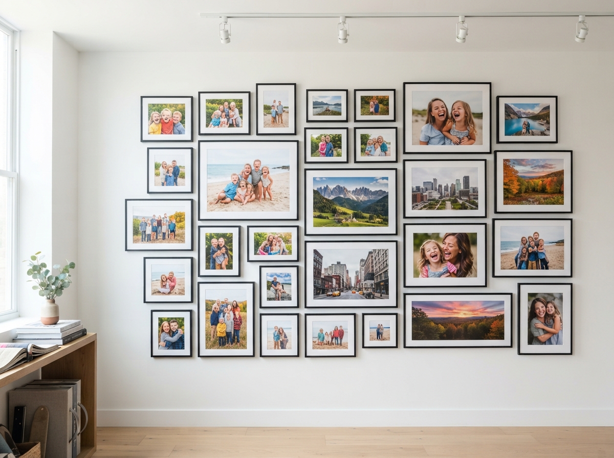 Wall of printed photo prints in various sizes and finishes