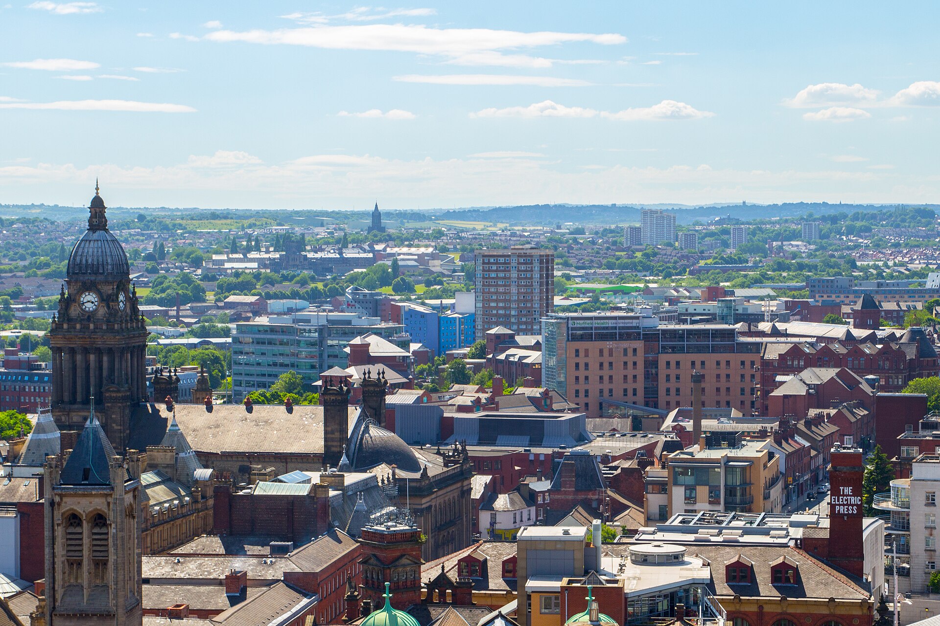 View over Leeds city centre and Leeds Town Hall, West Yorkshire