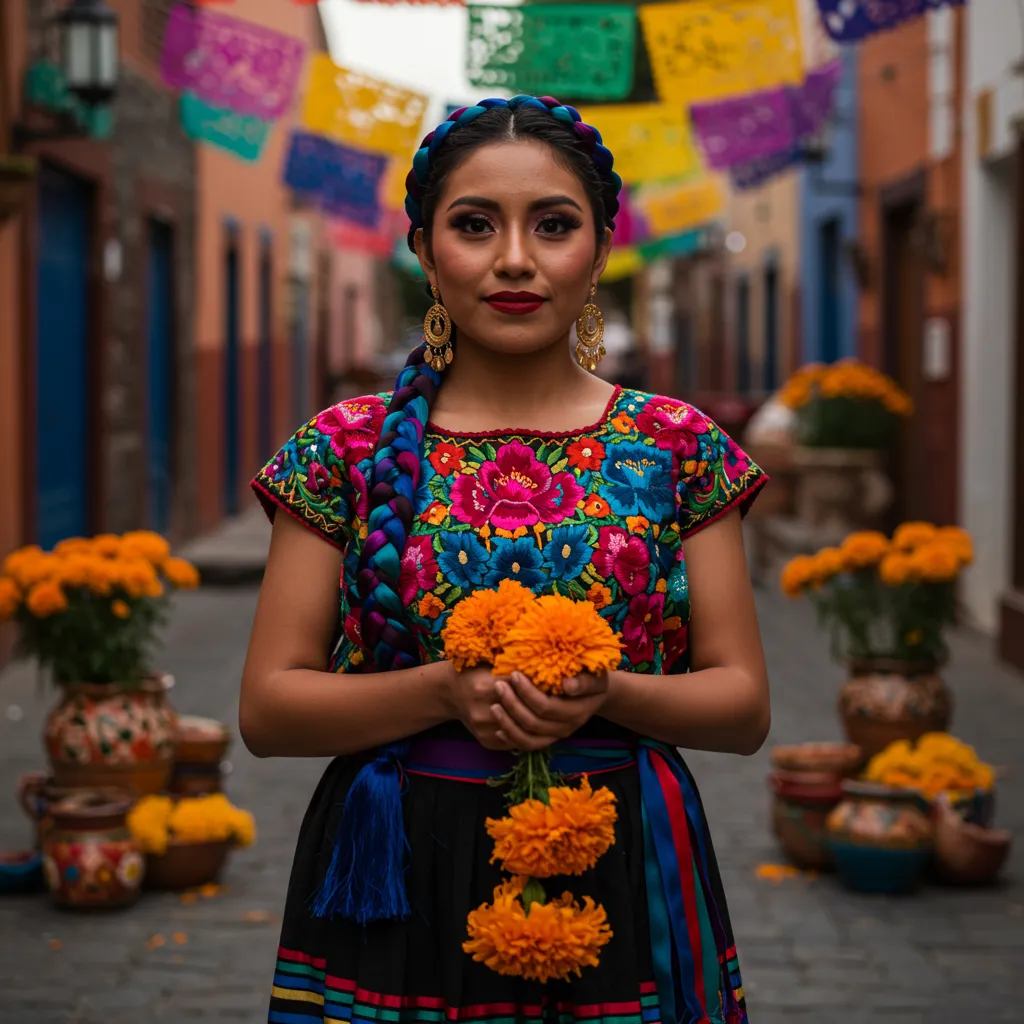 A beautiful Mexican woman in traditional dress holding marigolds, celebrating culture.