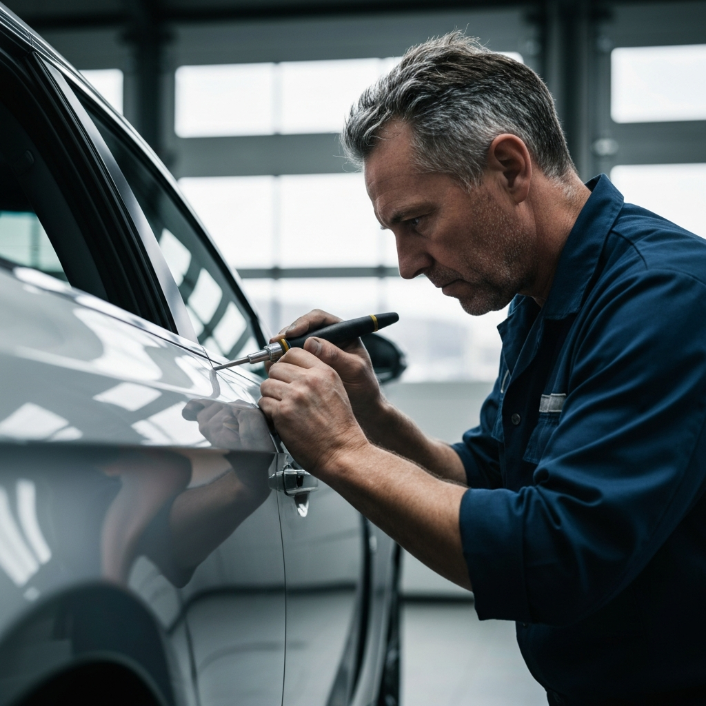 Technician performing dent repair