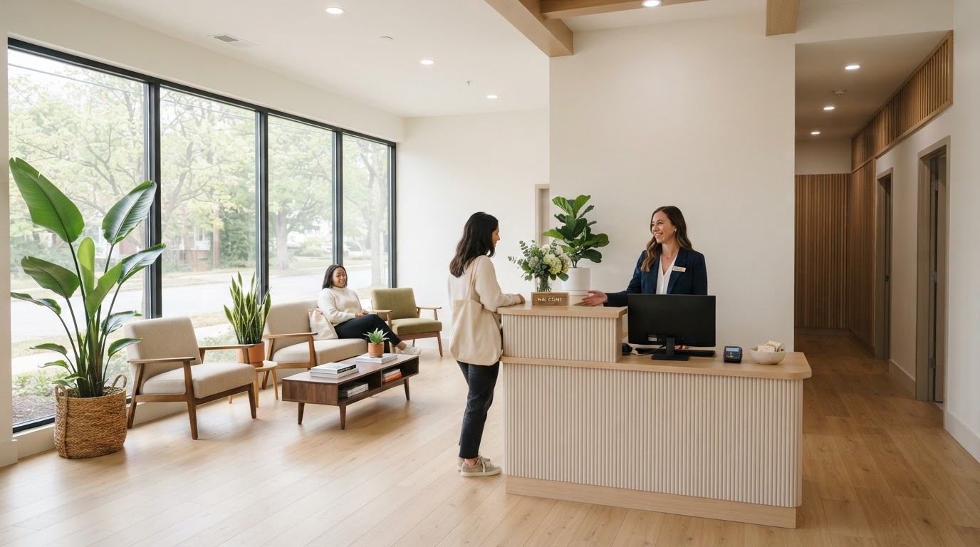A bright, modern health practice space being set up for opening day