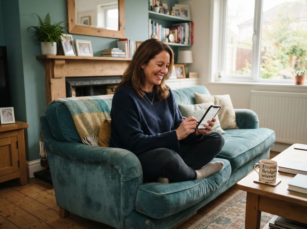 Happy homeowner leaving a five-star review on their phone