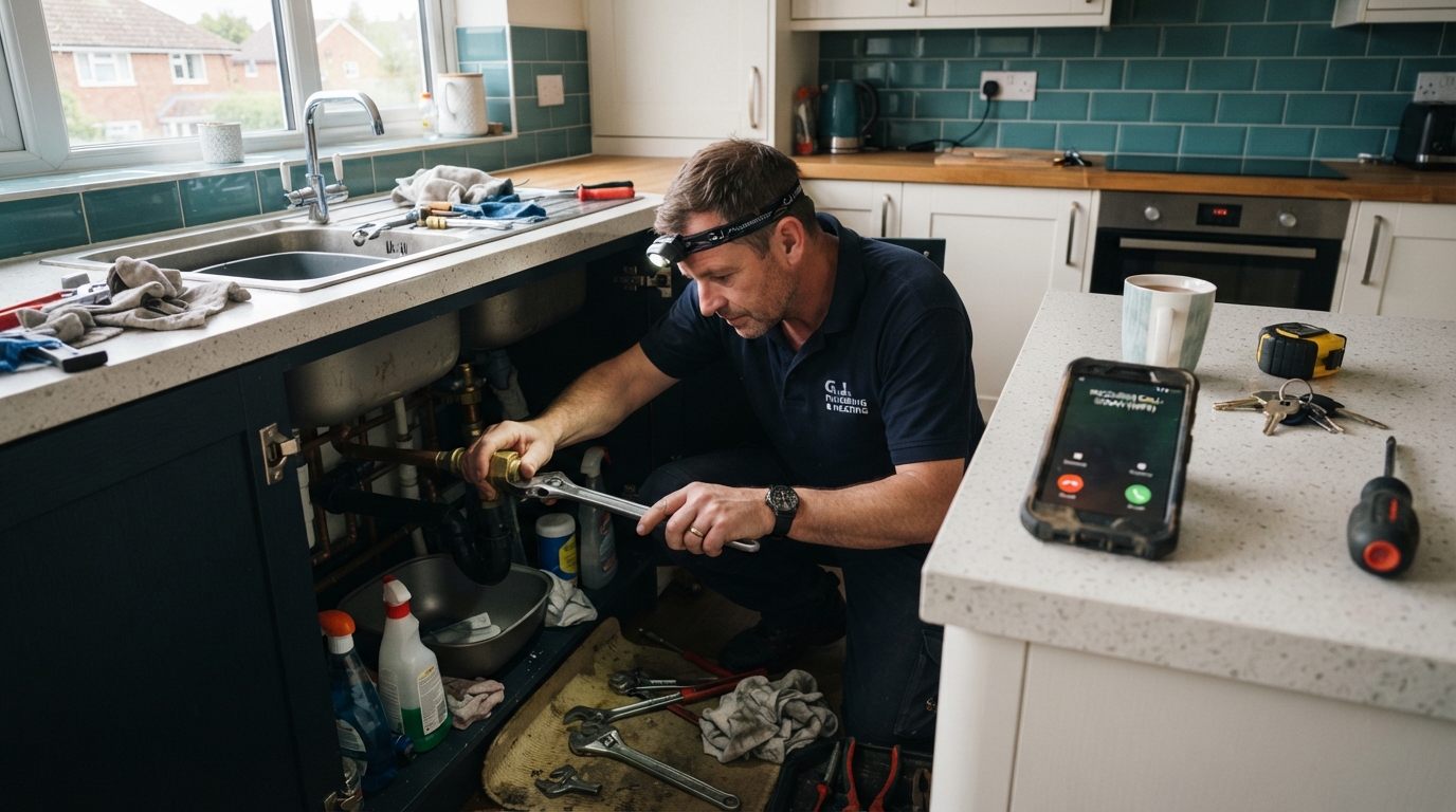 British plumber working under a sink while phone rings nearby