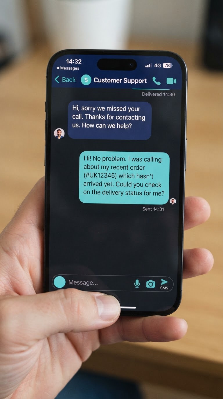 Smartphone showing instant text response to missed call