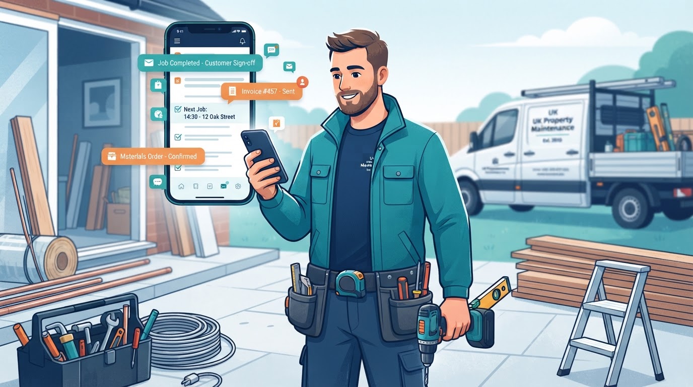 Tradesperson finishing a job while checking their phone and juggling several tasks