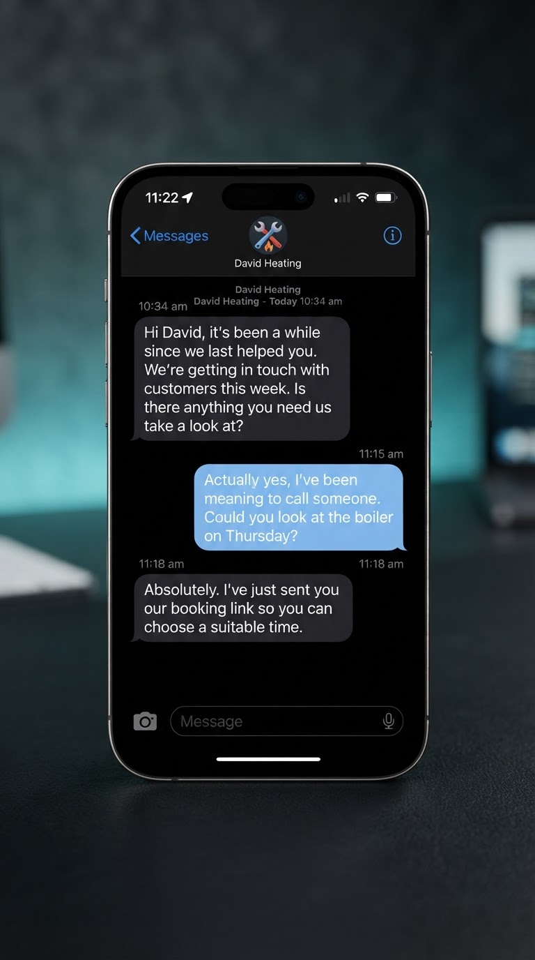Smartphone SMS conversation showing a reactivation message to an old customer and their reply booking a boiler appointment