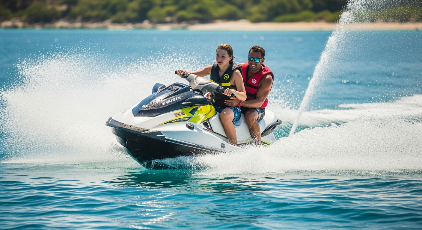 Jet ski no mar com aluno e professor