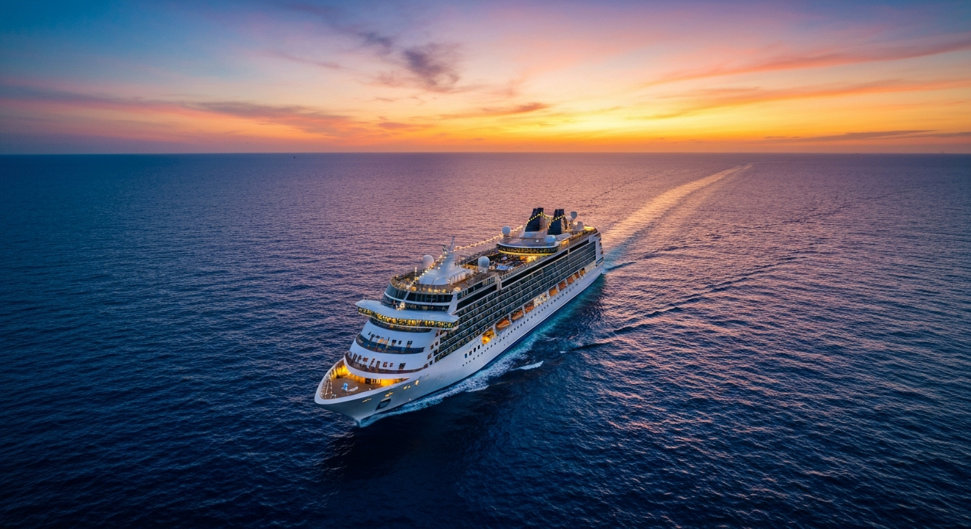 Cruise ship sailing at sunset