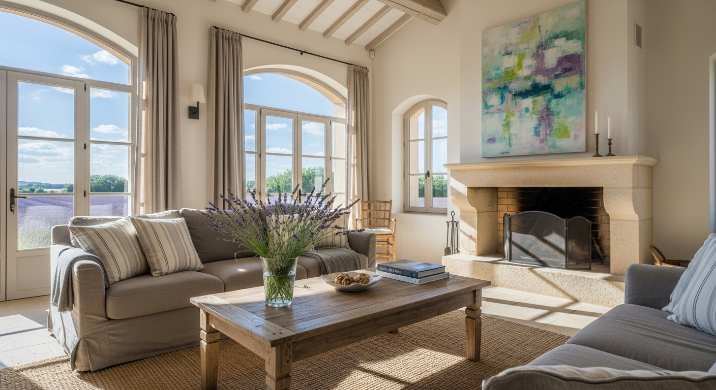 Luxurious, sunlit living room in a modern Provence villa