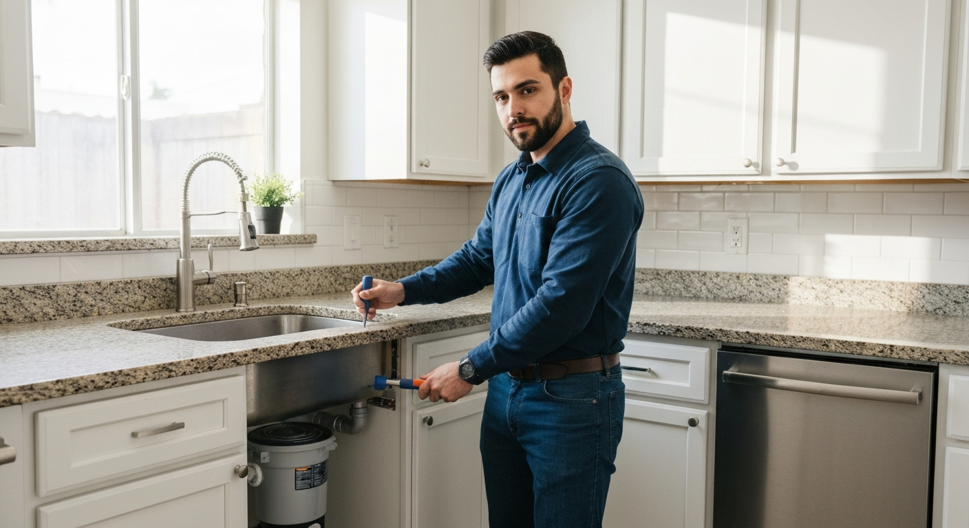 Garbage Disposal Repair Los Angeles CA — Plumber installing disposal under sink — America's Best Plumbing 1 LLC