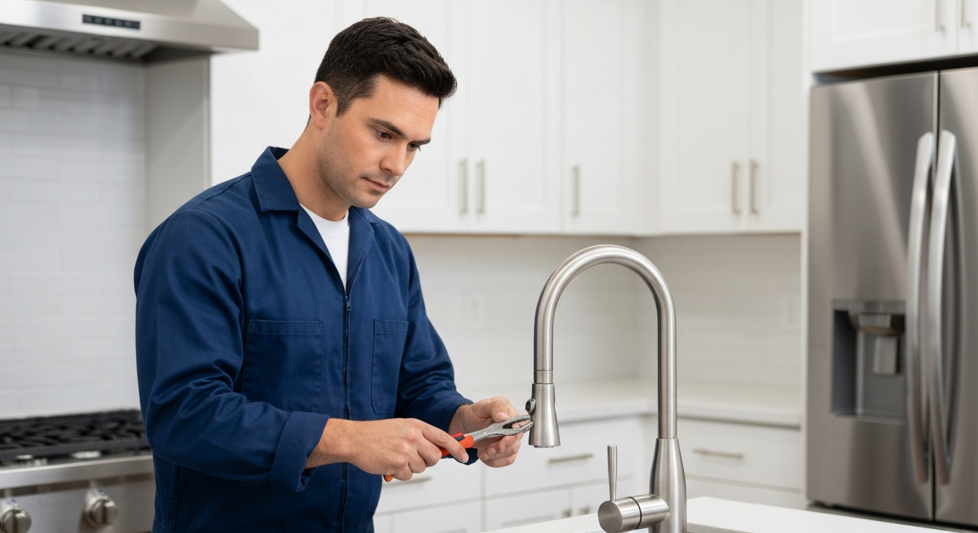 Faucet Repair Los Angeles CA — Plumber fixing kitchen sink — America's Best Plumbing 1 LLC