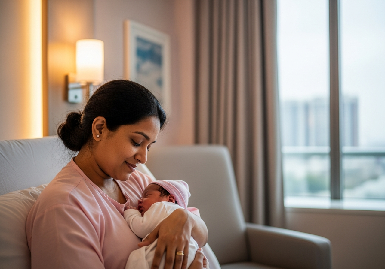 Happy Indian mother gently holding newborn baby in premium hospital room