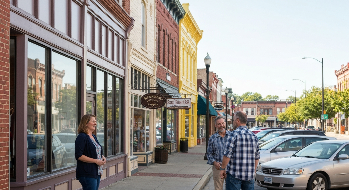 Small town downtown scene with shopkeepers and customers