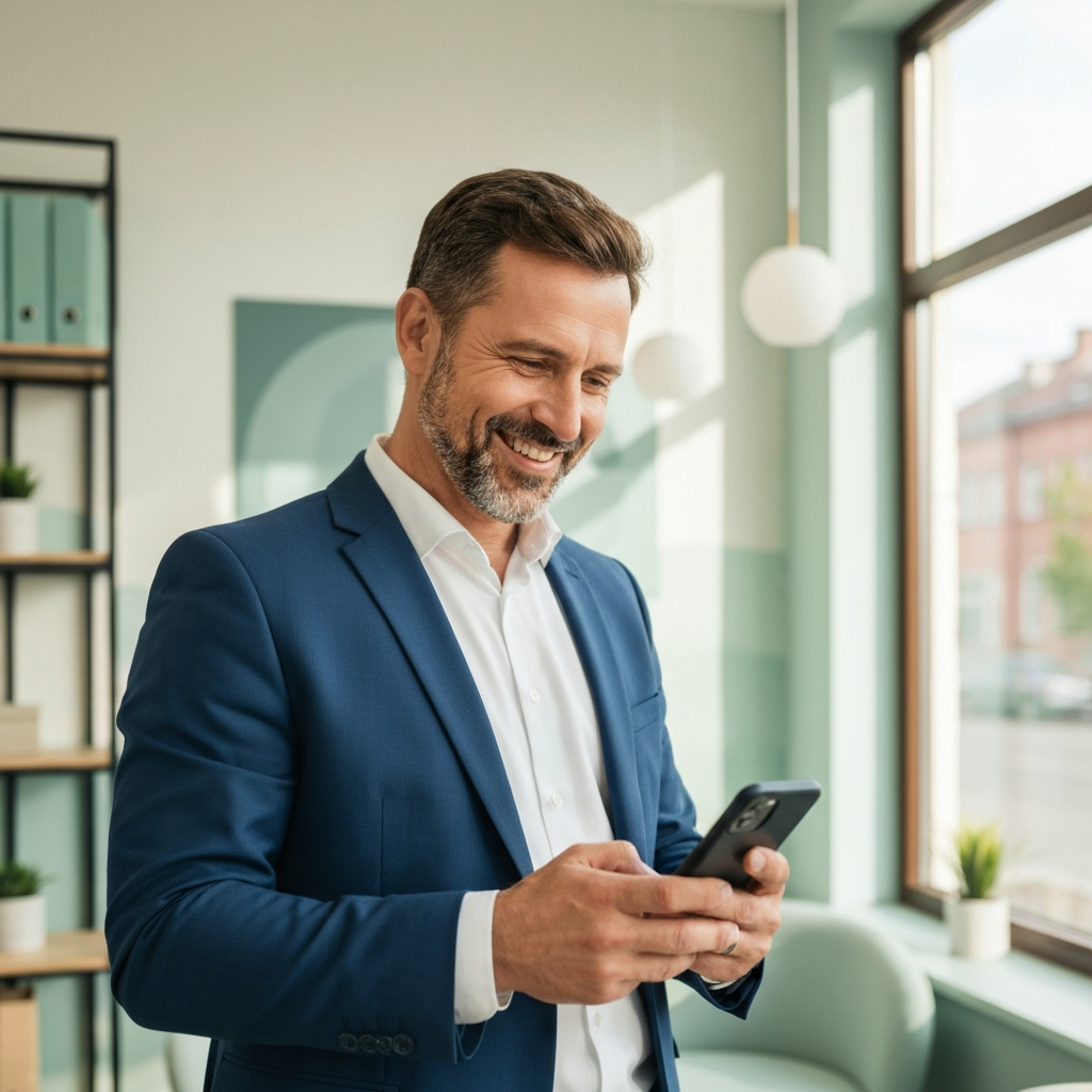 Business owner checking positive online reviews