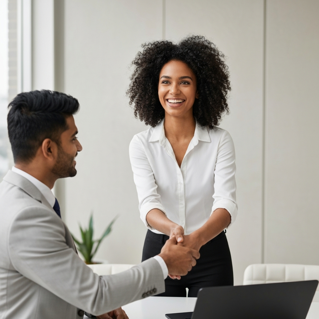 Business owner warmly shaking hands with a new referred client