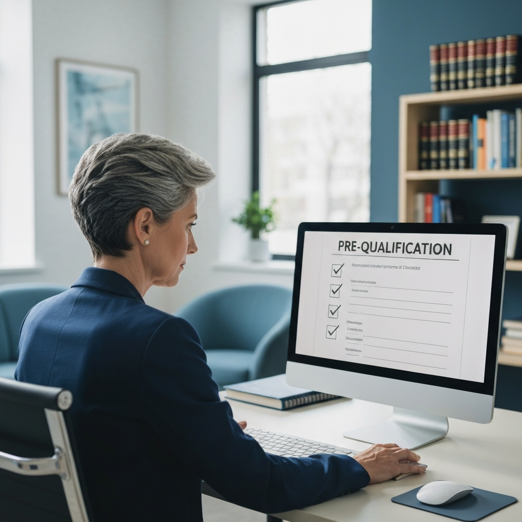 Legal intake specialist reviewing a pre-qualification checklist on a computer screen