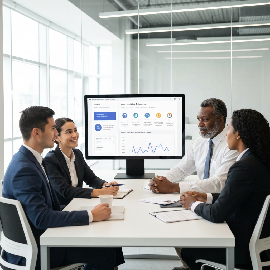 Law firm team meeting to discuss lead tracking and consultation outcomes using a modern CRM system