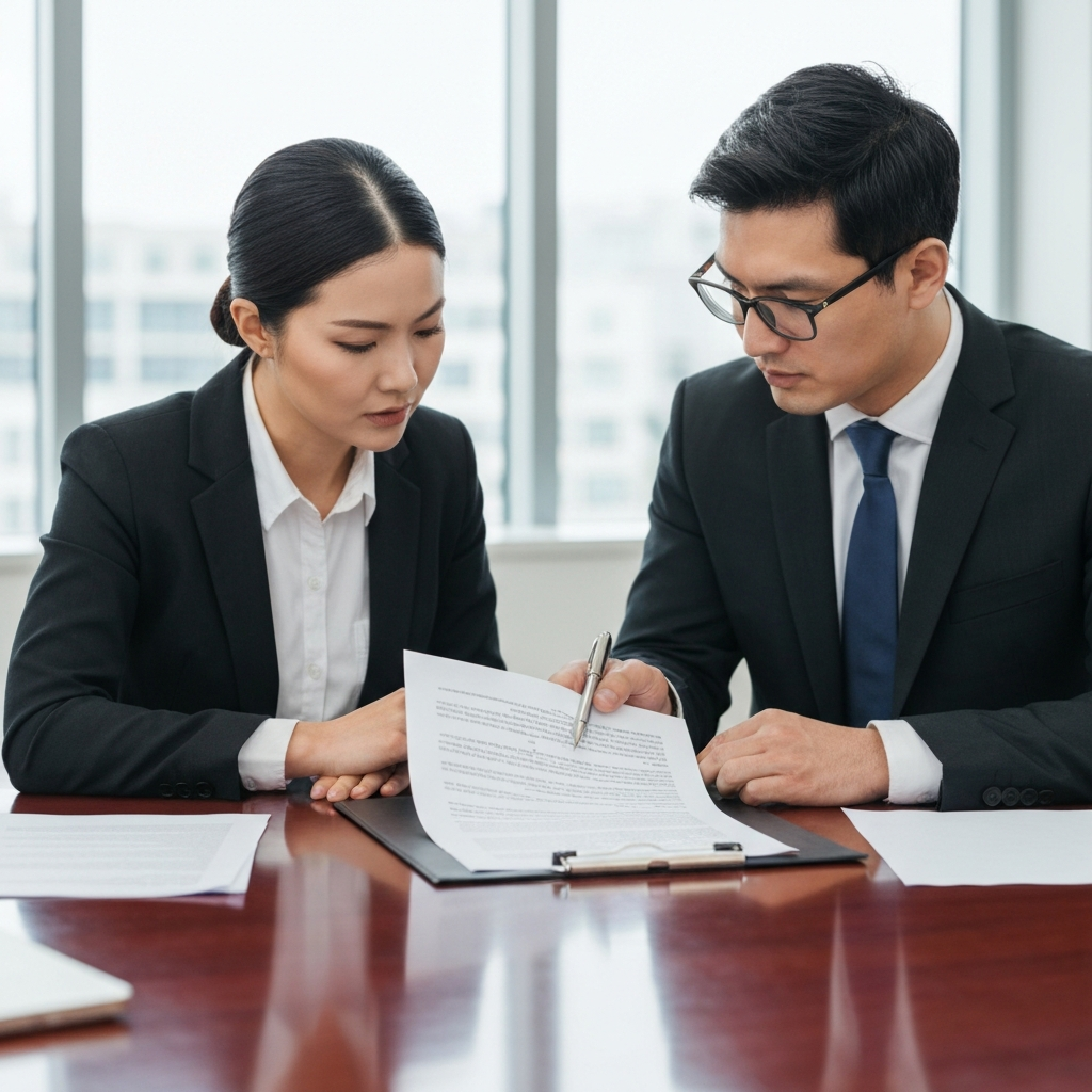 Business executive and a litigation lawyer reviewing a commercial contract dispute document