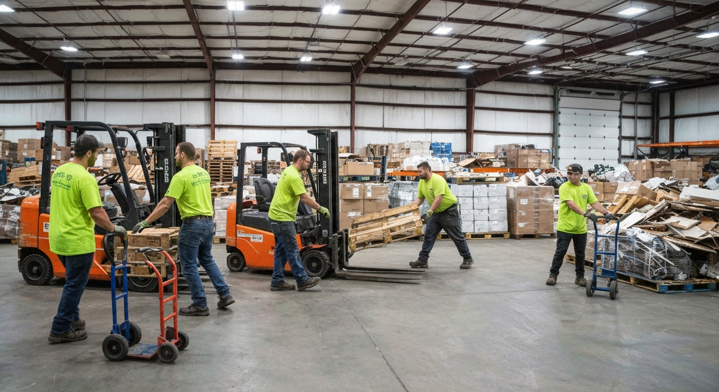 Junk removal crew clearing out a large commercial warehouse in Aurora