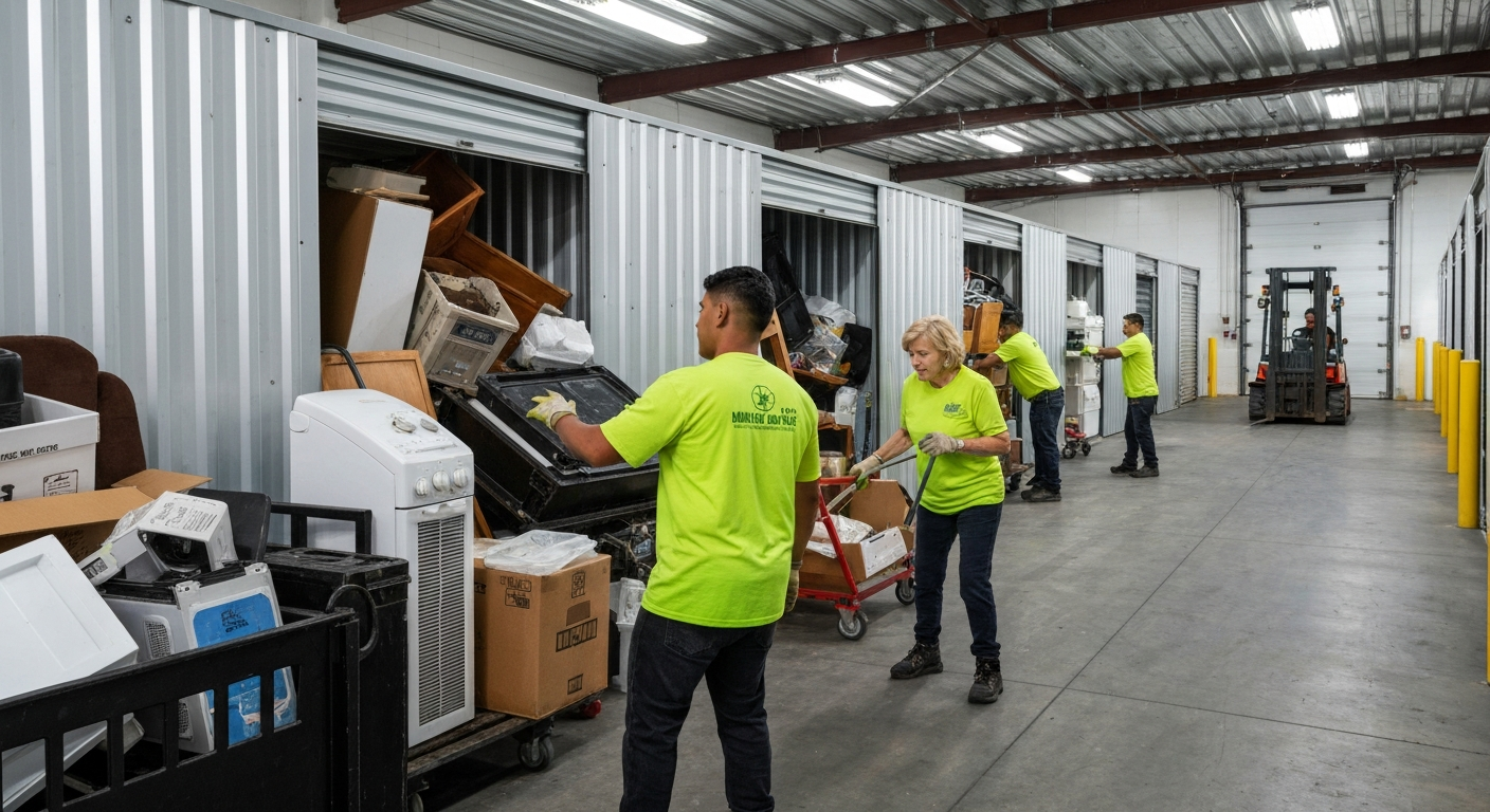 Junk removal crew clearing out multiple storage units at a commercial storage facility