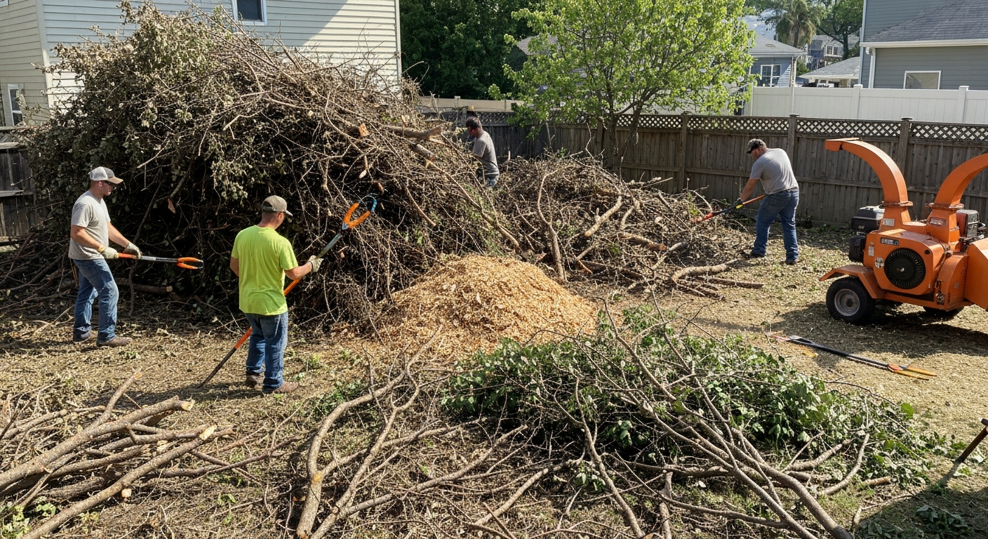 Pile of yard debris and branches being cleared by Mile High Junk