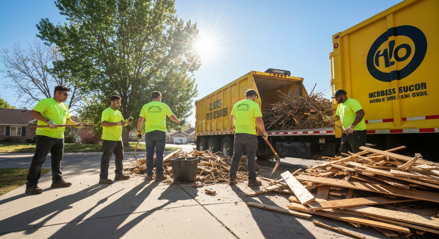 Mile High Junk crew clearing construction and yard debris in Aurora