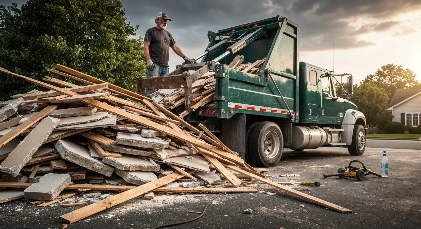 Construction debris and drywall being loaded into a Mile High Junk truck