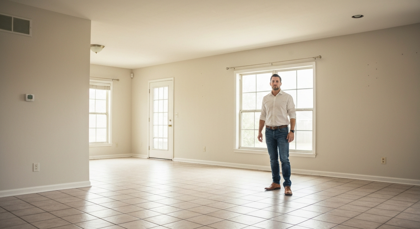 Real estate agent in an empty foreclosure property ready for listing