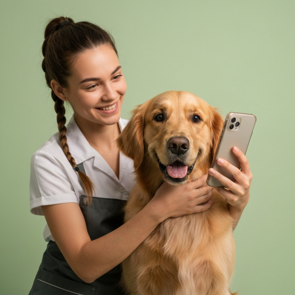 A pet groomer smiling while taking a photo of a freshly groomed golden retriever with a smartphone, soft green studio background