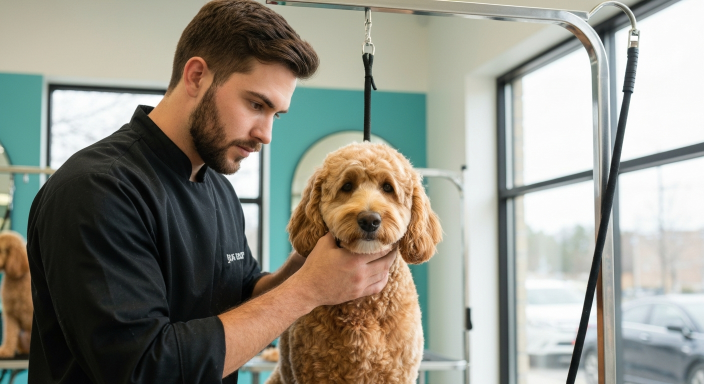 Professional groomer carefully trimming dog