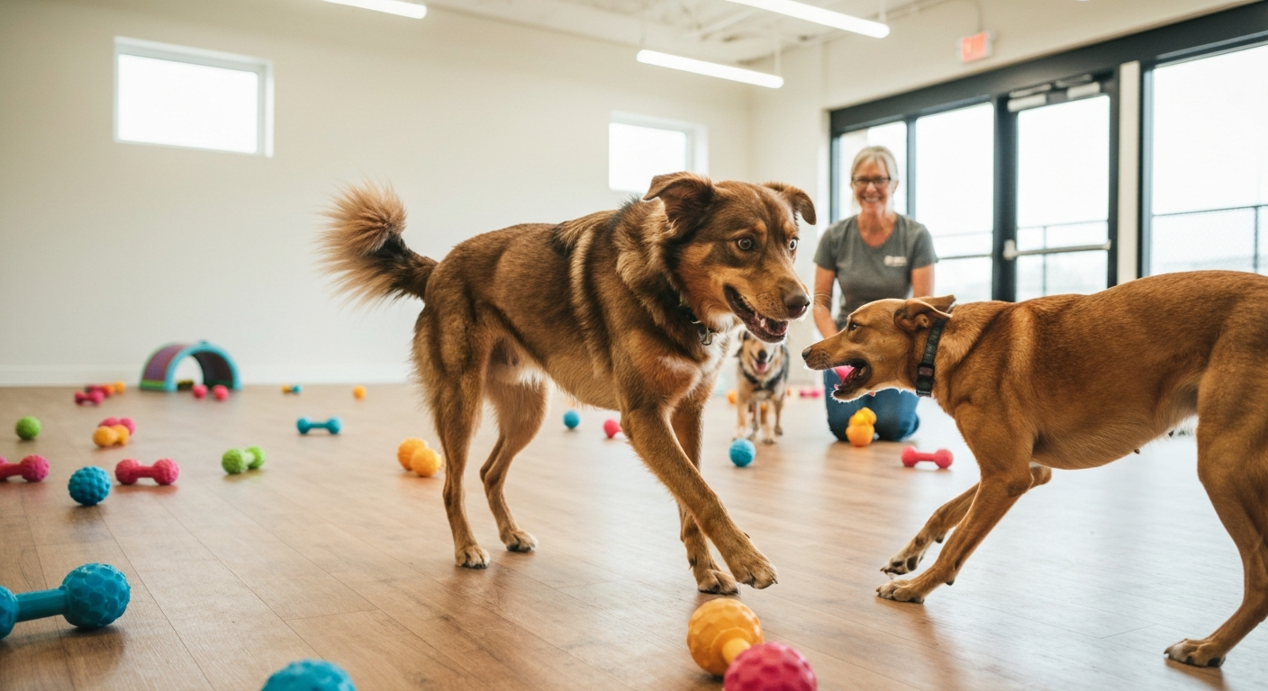 Happy dog running in daycare