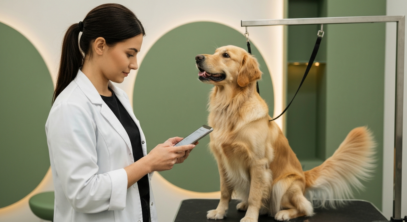 Pet groomer updating a digital client profile on a tablet while a golden retriever sits patiently on the grooming table