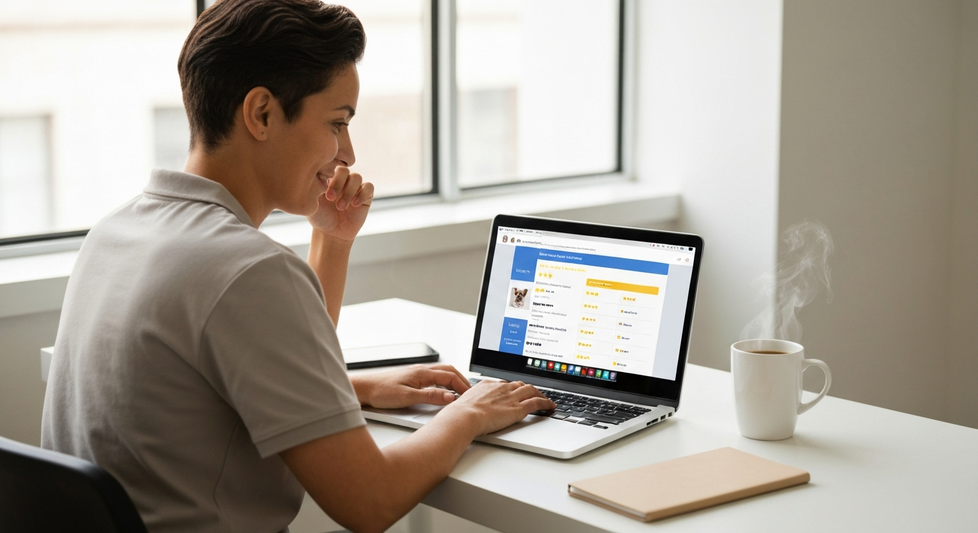 A pet business owner reviewing their online presence on a laptop at a clean modern desk showing a directory listing with good reviews